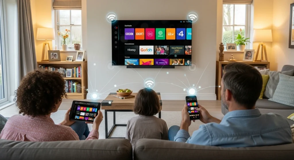 A modern British living room with a family watching IPTV on a smart TV, tablet, and smartphone, showing UK channel logos like BBC, ITV, and Channel 4