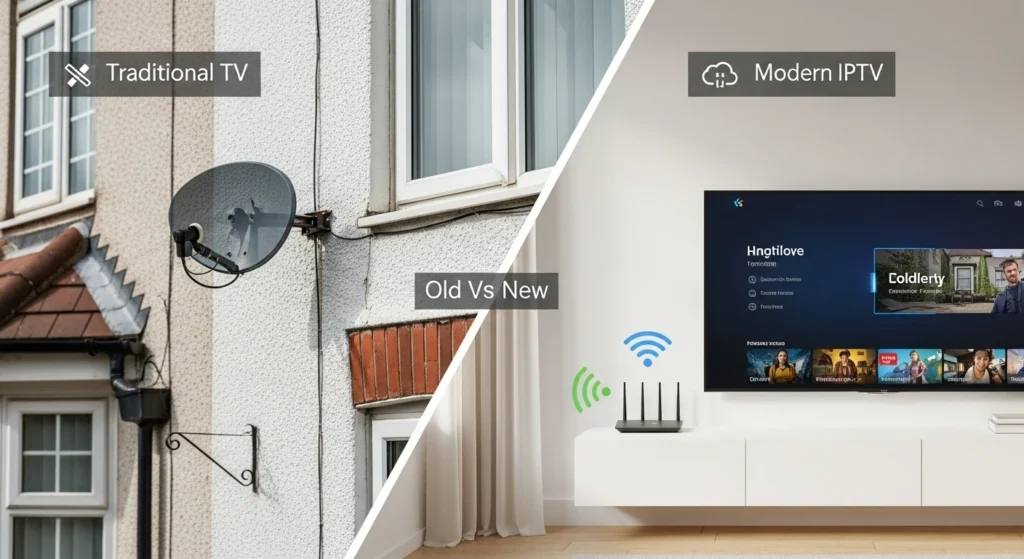 Split-screen image comparing traditional British TV with old satellite dish on the left and modern IPTV setup with smart TV and wireless streaming on the right