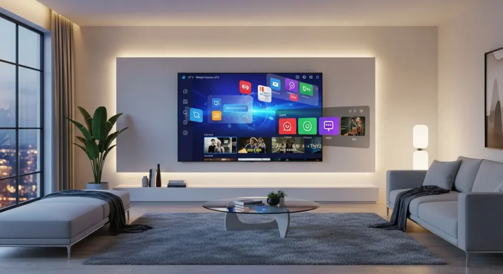 A smart TV displaying an IPTV interface with colorful channel icons and streaming options in a modern living room.