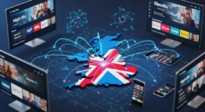 United Kingdom IPTV map with streaming icons and modern devices displaying IPTV channels.”