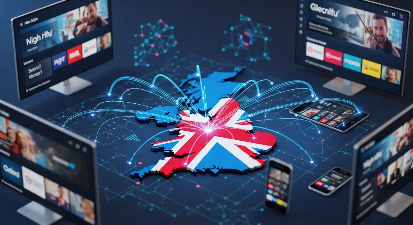 United Kingdom IPTV map with streaming icons and modern devices displaying IPTV channels.”