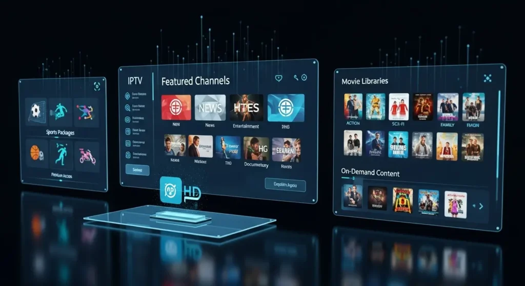 A futuristic digital dashboard showing IPTV features like live channels, movies, and on-demand content.
