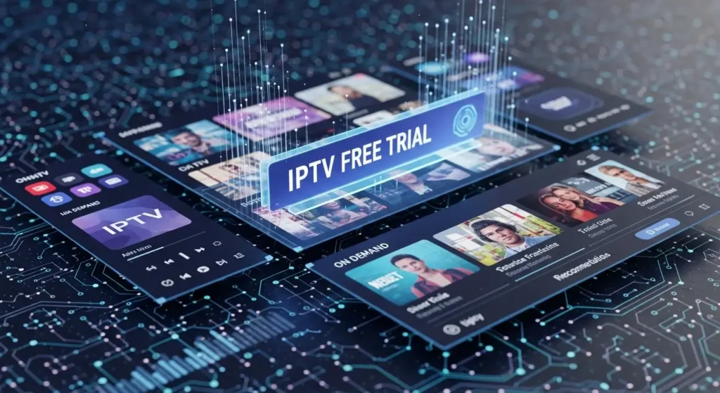 A futuristic IPTV dashboard with holographic menus showing live channels, movies, and a glowing “Free Trial” indicator.