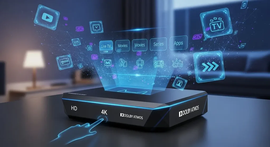 A futuristic IPTV box surrounded by holographic channel and movie icons.