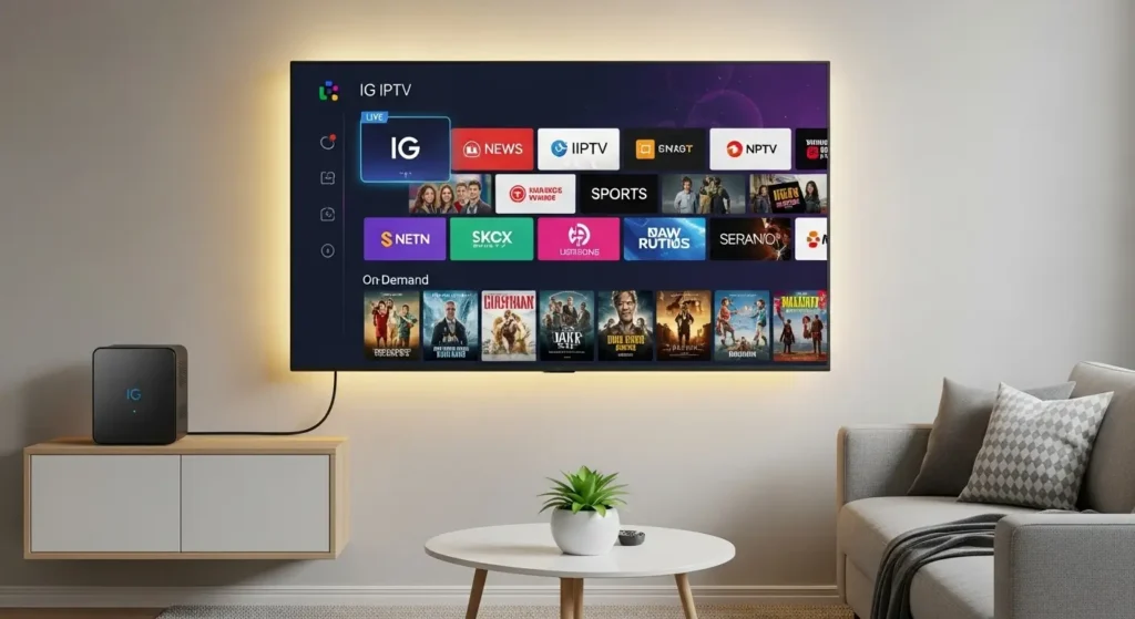 A smart TV displaying the IG IPTV interface with live channels and movies, next to an IPTV box.