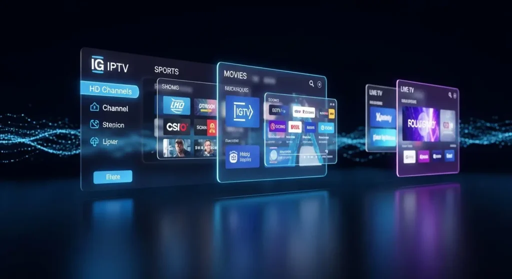 A futuristic IG IPTV dashboard with holographic menus showing channels, sports, and movies.