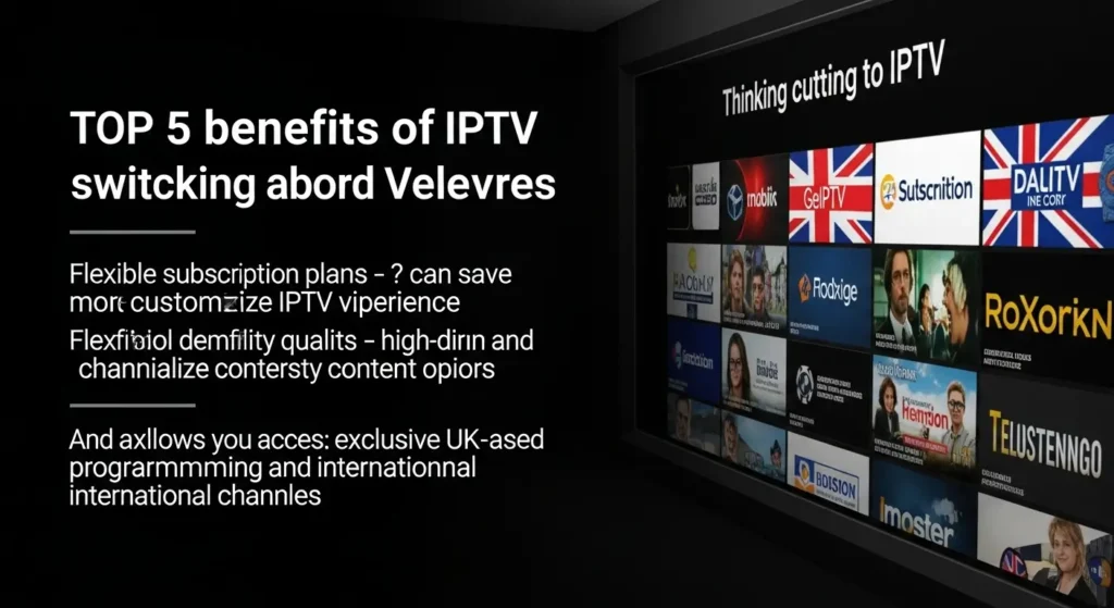 “Multiple devices streaming IPTV content with UK digital map background.”