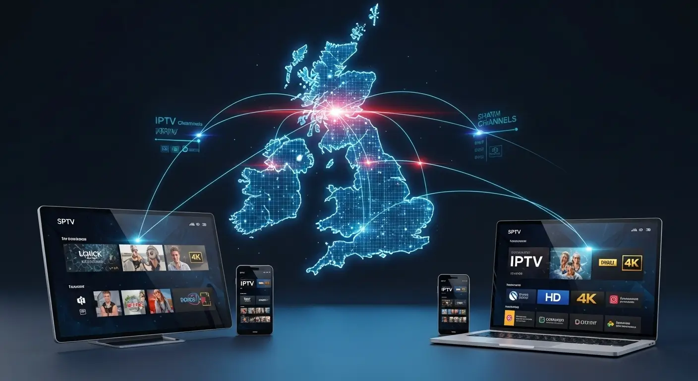 “UK digital map with smart devices displaying IPTV Subscription UK channels.”