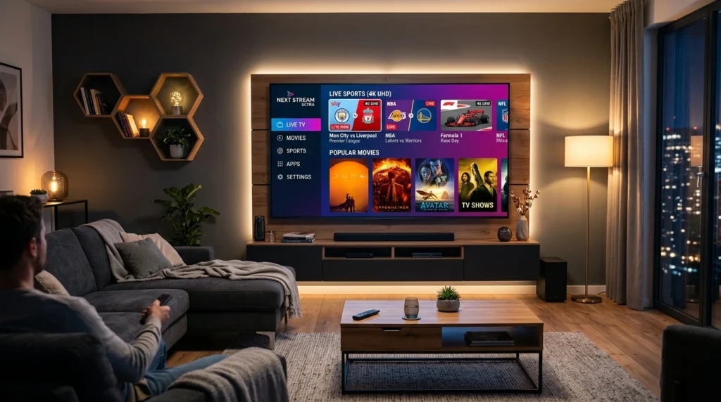 best IPTV UK futuristic streaming concept with UK channels and London skyline