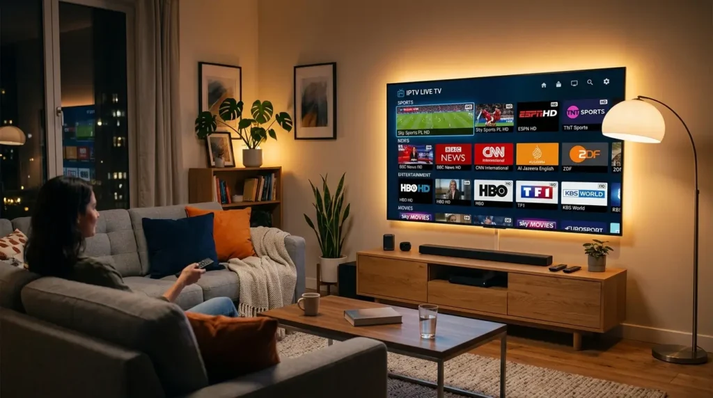 IPTV stream on smart TV showing live international channels in HD quality