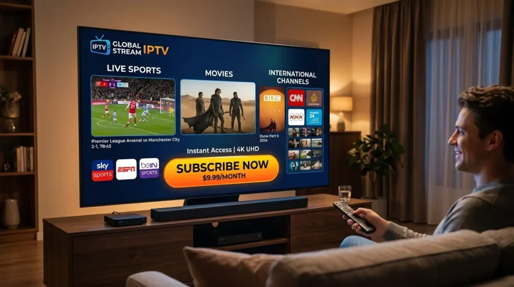 IPTV subscribe now screen on smart TV with live channels and movies