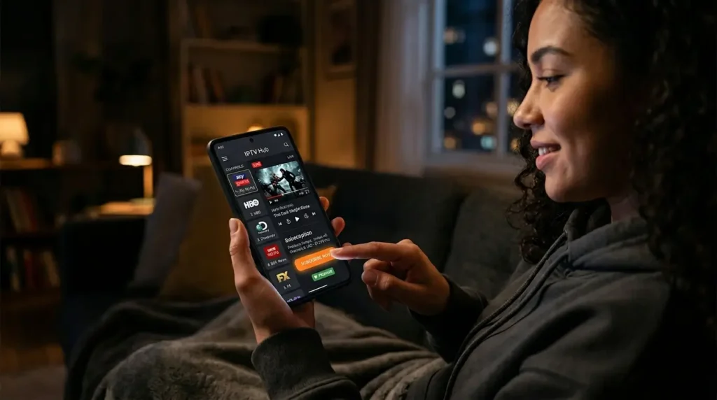 User subscribing to IPTV on smartphone streaming app