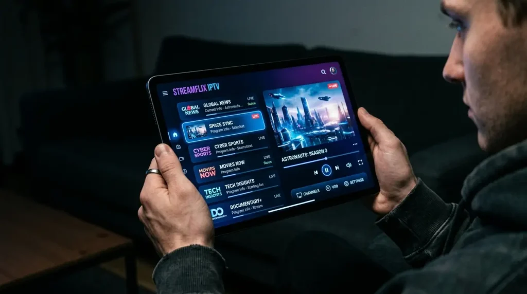 User streaming IPTV on tablet with live channel interface