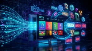 IPTV streaming technology concept with digital data and smart TV