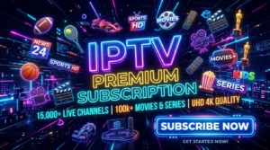IPTV subscribe now banner with digital streaming icons
