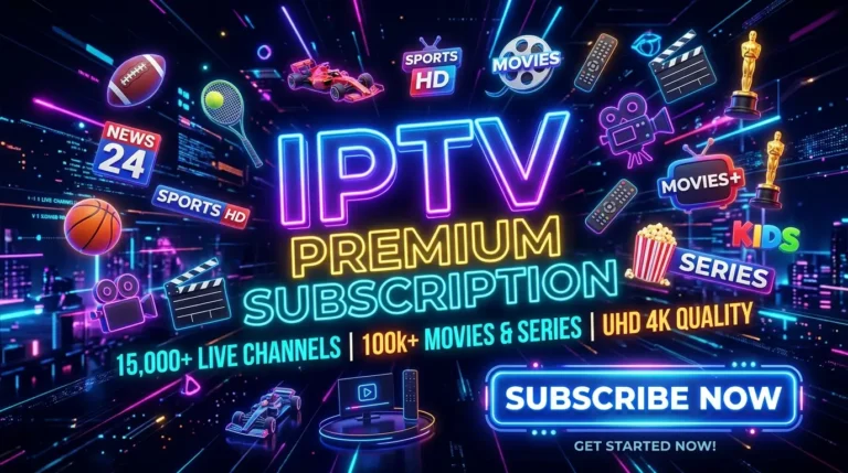 IPTV subscribe now banner with digital streaming icons