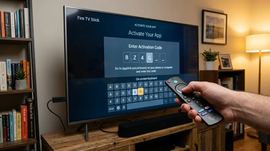 Firestick code entry screen on smart TV with Amazon Fire TV Stick