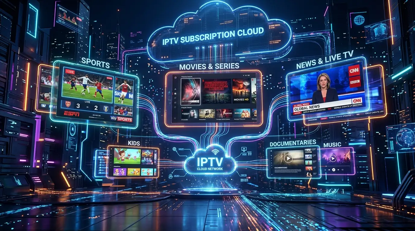 IPTV subscriptions dashboard on smart TV with live TV and movies
