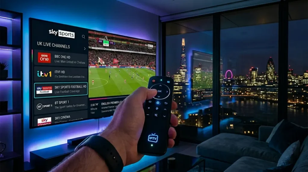 IPTV United Kingdom streaming on smart TV in modern living room with British channels