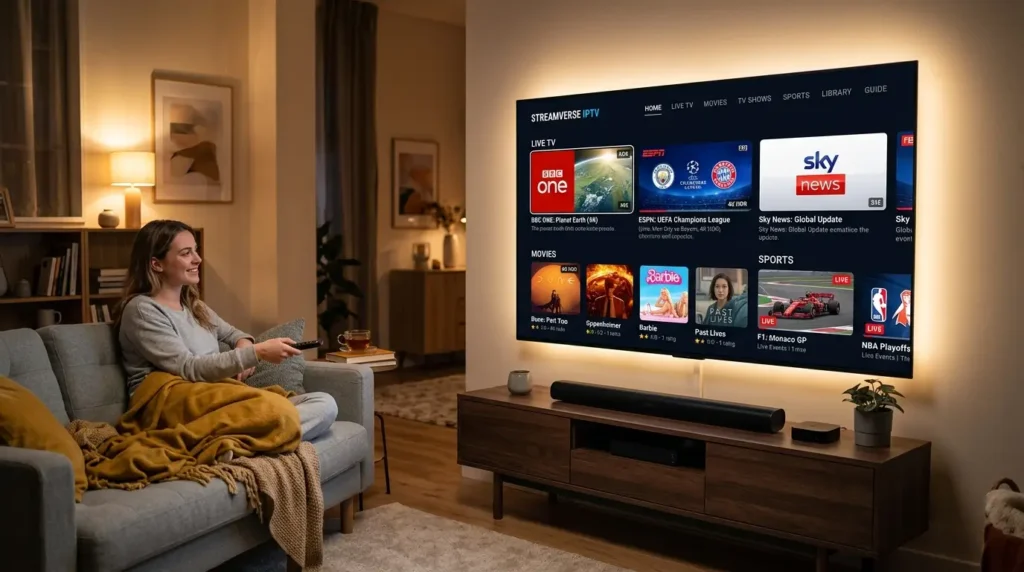 IPTV subscription app on smartphone showing channel list and VOD content