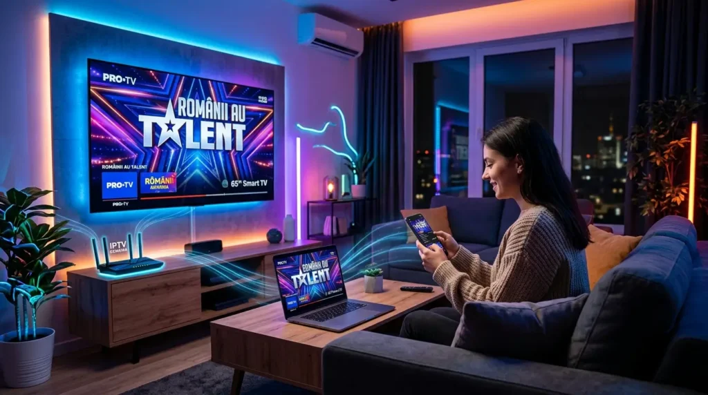 Interfață IPTV România cu categorii filme sport și știri