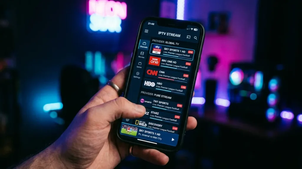 IPTV providers app showing live channels on smartphone