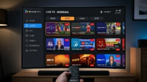 IPTV Romania pe smart TV cu canale românești în living modern