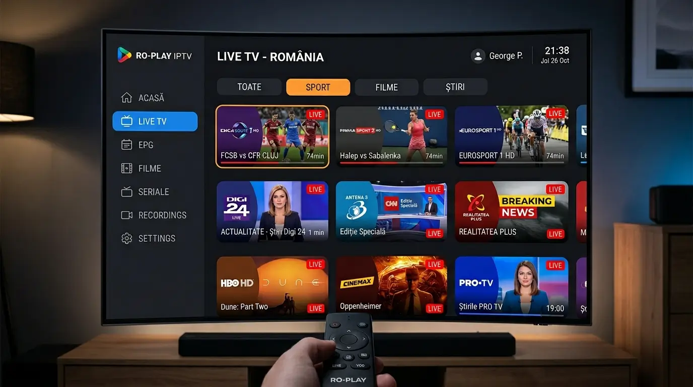 IPTV Romania pe smart TV cu canale românești în living modern