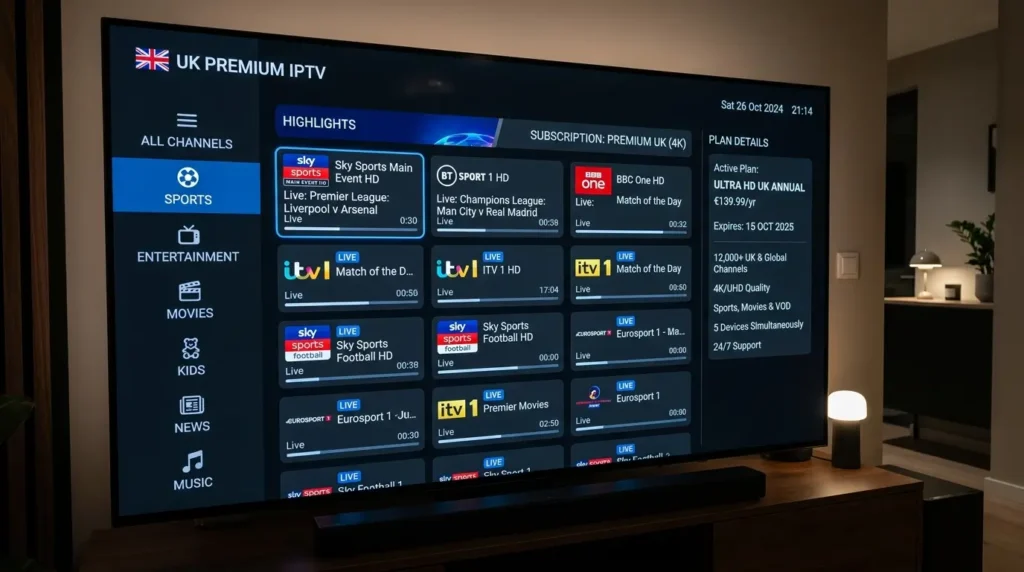 IPTV UK subscription dashboard with channels and categories interface