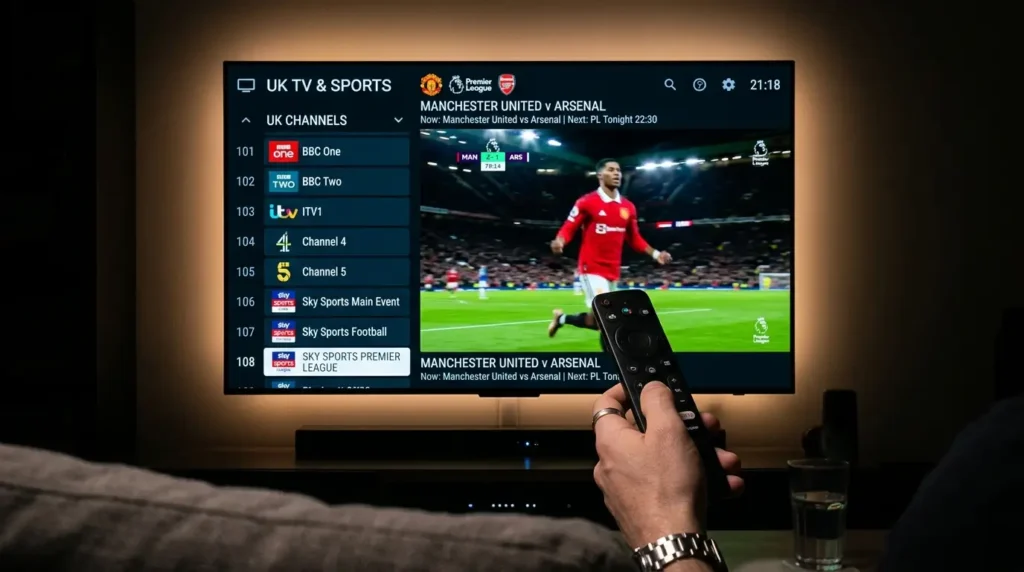 best IPTV UK streaming on smart TV with premium channels in modern living room
