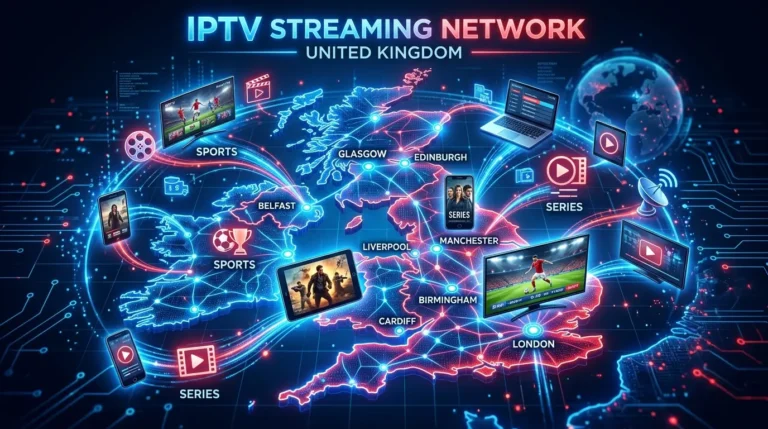 Streaming IPTV UK channels with remote control and London skyline background