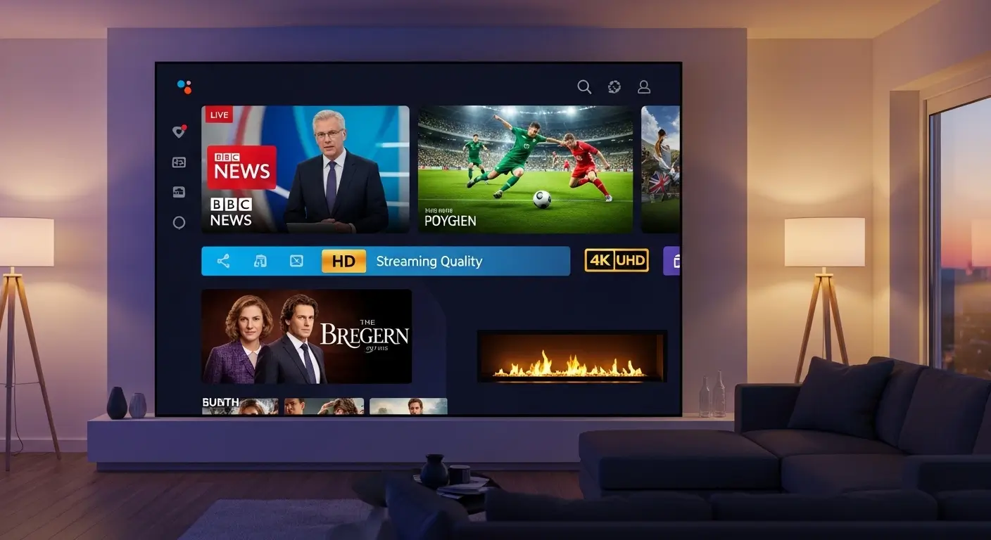 IPTV UK streaming on smart TV in modern living room with British channels in HD