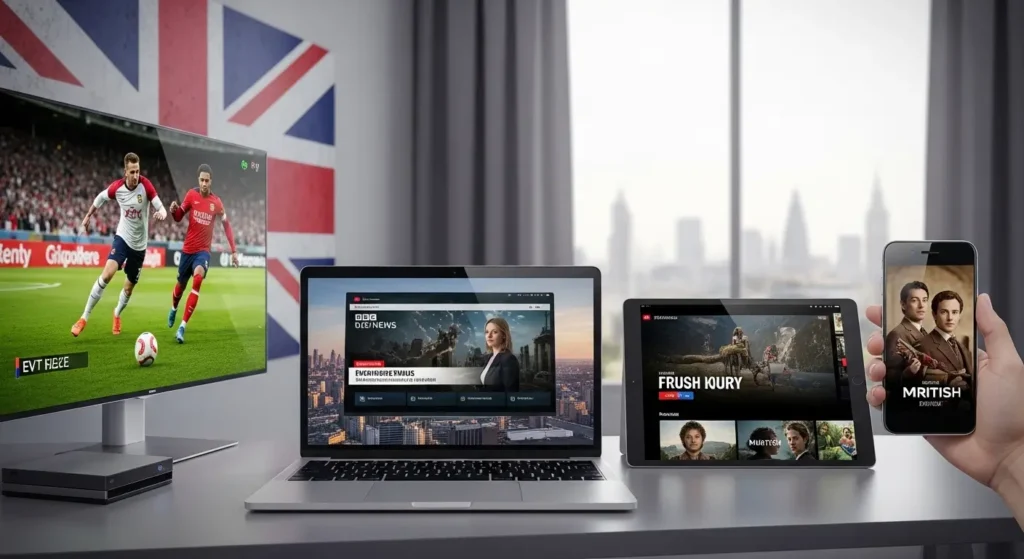 IPTV UK streaming on multiple devices including smartphone tablet and smart TV