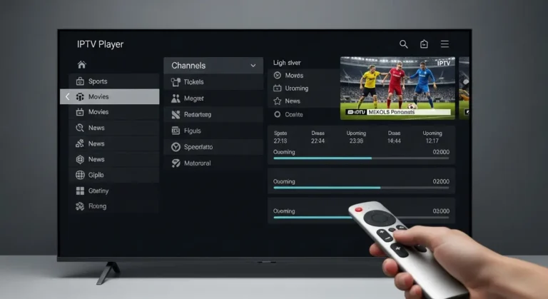 IPTV player interface on smart TV with live channels and EPG in HD