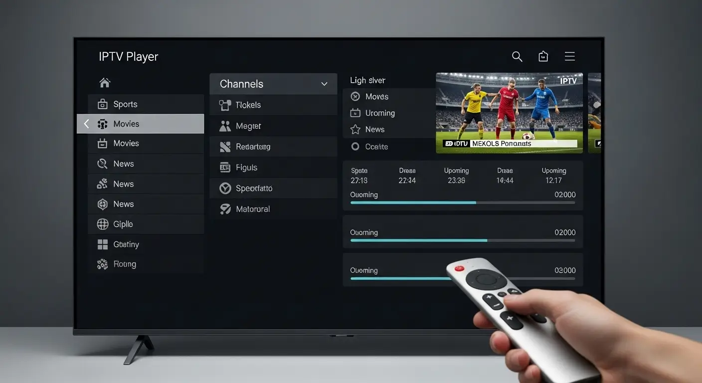 IPTV player interface on smart TV with live channels and EPG in HD
