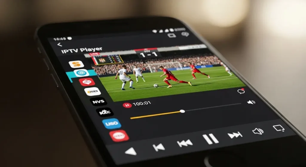 IPTV player app on smartphone streaming live TV with controls