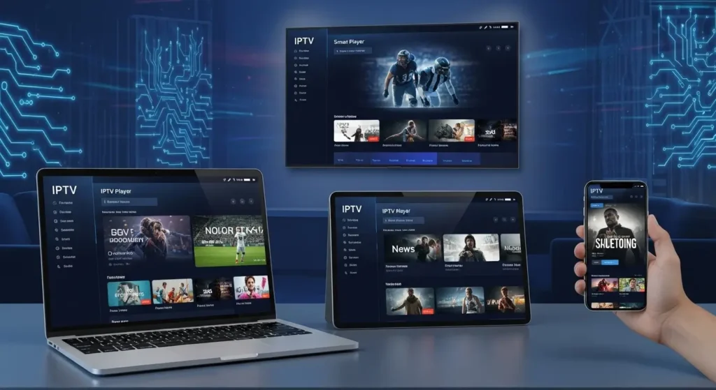 IPTV player on multiple devices including TV laptop tablet and smartphone