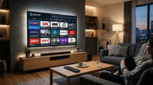 SS IPTV app op smart TV met live tv-kanalen in moderne woonkamer