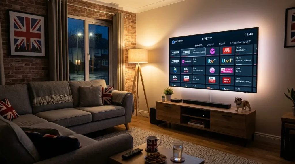UK IPTV subscription on TV laptop tablet and smartphone streaming