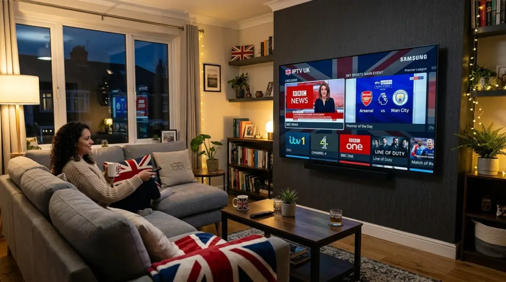 IP TV UK digital streaming network with UK map and connected entertainment icons