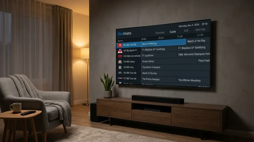 TiviMate EPG TV guide with UK channels and programme schedule