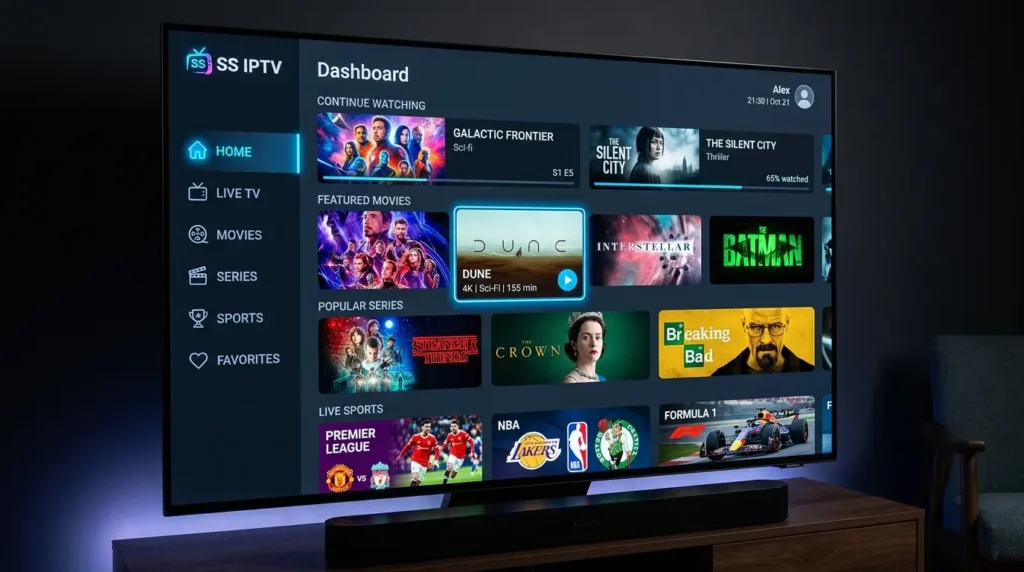 SS IPTV interface met categorieën films series en sport op smart TV