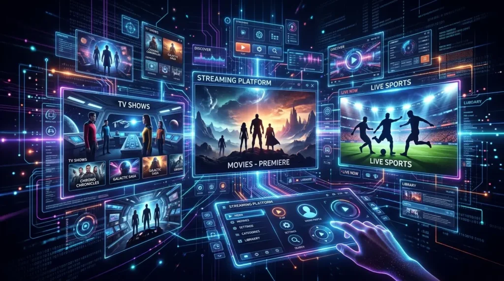 best IPTV UK futuristic streaming concept with UK channels and London skyline