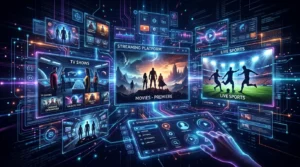 best IPTV UK futuristic streaming concept with UK channels and London skyline