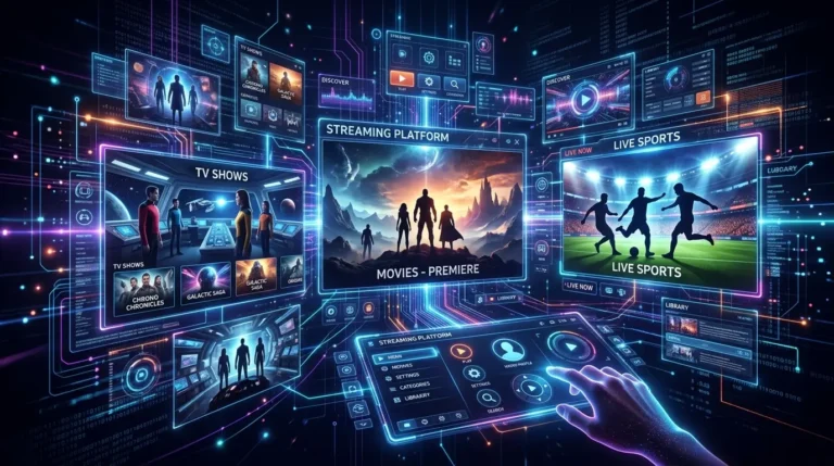 best IPTV UK futuristic streaming concept with UK channels and London skyline