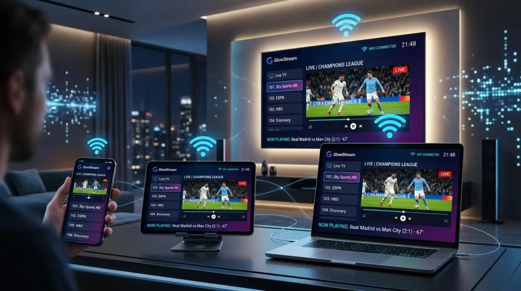 IPTV subscription service on multiple devices including phone tablet and TV