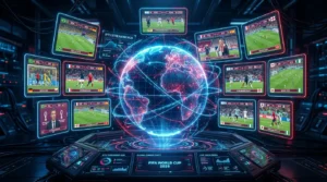 Global IPTV World Cup streaming concept with multiple screens and digital globe