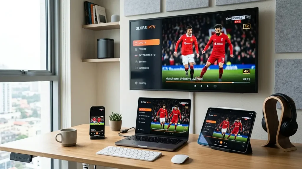 Premium IPTV provider streaming live TV channels and movies on smart TV in 4K