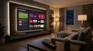 IPTV with subscription service streaming channels on smart TV in modern living room