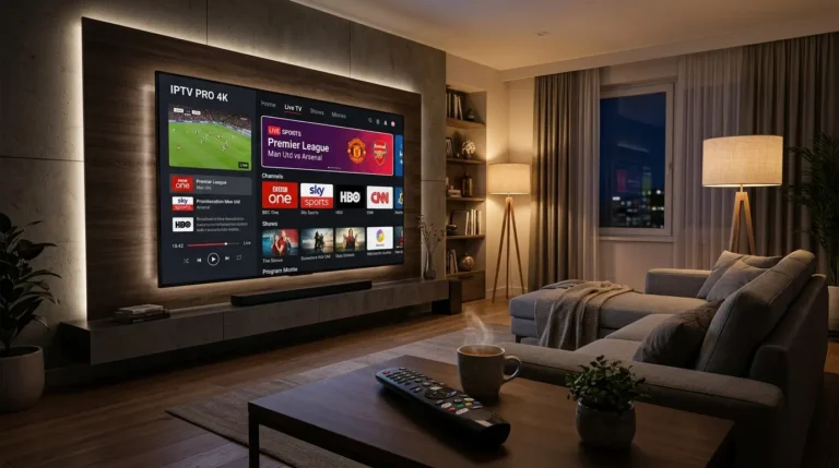 IPTV with subscription service streaming channels on smart TV in modern living room